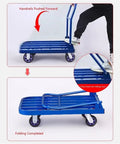 Rugged Heavy Duty Folding Flatbed Cart With Guardrail Enclosure And Beefy Steel Frame For Easy Hauling At The Jobsite, Garage, Or Warehouse, Smooth Rolling Wheels, 60x90x88 CM, folding handle shown