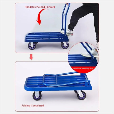 Rugged Heavy Duty Folding Flatbed Cart With Guardrail Enclosure And Beefy Steel Frame For Easy Hauling At The Jobsite, Garage, Or Warehouse, Smooth Rolling Wheels, 60x90x88 CM, folding handle shown