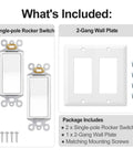 Two Single Pole Rocker Switches With 2 Gang Decora Wall Plate Set, Easy Install Kit With Screws, Fits Standard Electrical Boxes, UL And CUL Certified For Safety, Dope Home Upgrade For Quick, Clean, Modern Switch Panel.