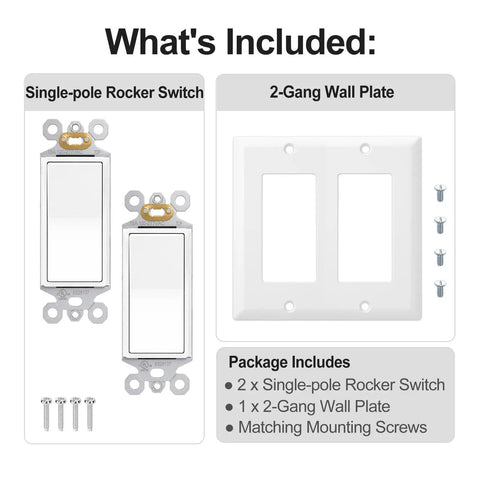 Two Single Pole Rocker Switches With 2 Gang Decora Wall Plate Set, Easy Install Kit With Screws, Fits Standard Electrical Boxes, UL And CUL Certified For Safety, Dope Home Upgrade For Quick, Clean, Modern Switch Panel.
