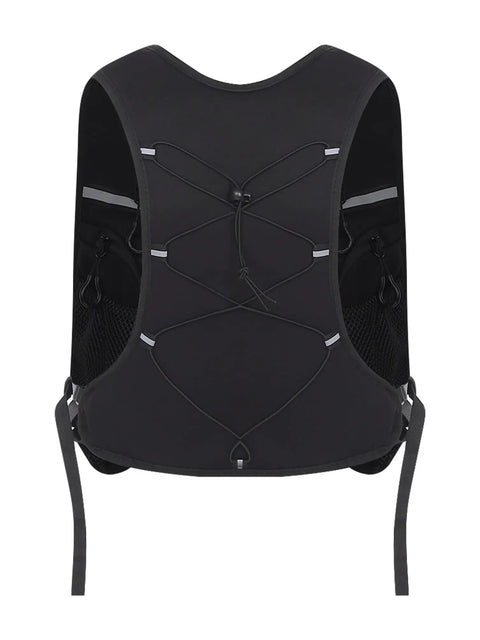 Back view of Mens Marathon Running Vest Hydration Backpack with breathable nylon polyester blend and reflective strips.