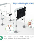 Foldable Toilet Safety Rail With Adjustable Height And Width Sturdy Carbon Steel Frame Built In Paper Holder Storage Bag