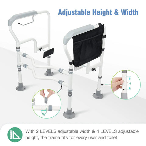 Foldable Toilet Safety Rail With Adjustable Height And Width Sturdy Carbon Steel Frame Built In Paper Holder Storage Bag