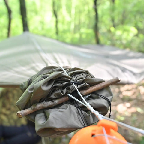 Snakeskin Tarp Sleeve 12ft Camping Rain Fly Storage Kit in OD Green, quick deploy on hammock line in forest, 6ft pack of two