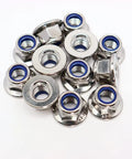 Top Shelf M10 X 1.5 DIN6926 Flange Nylon Lock Nuts Forged From Premium 304 Stainless Steel, set of 12 displayed.