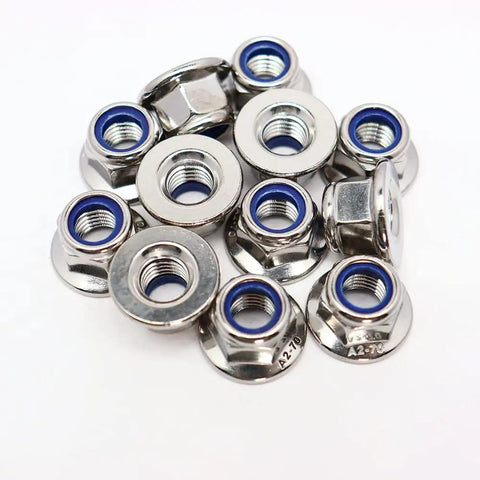 Top Shelf M10 X 1.5 DIN6926 Flange Nylon Lock Nuts Forged From Premium 304 Stainless Steel, set of 12 displayed.