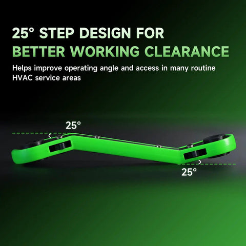 Side view of Pro Grade Heavy Duty HVAC Service Wrench Set with 25 degree step design for better working clearance.