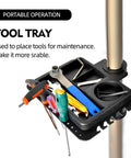 Tool tray on adjustable height bike repair stand with foldable design for home and shop, 360 degree rotating clamp, anti slip feet
