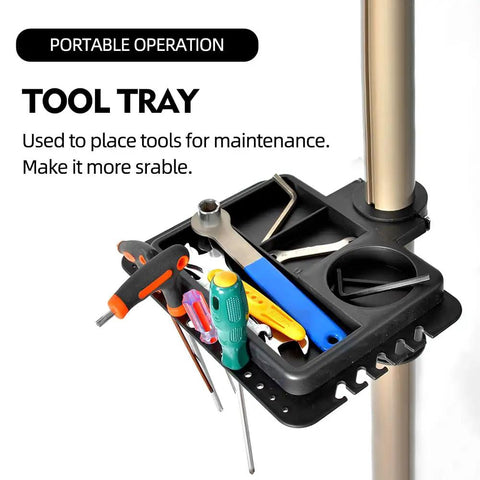 Tool tray on adjustable height bike repair stand with foldable design for home and shop, 360 degree rotating clamp, anti slip feet