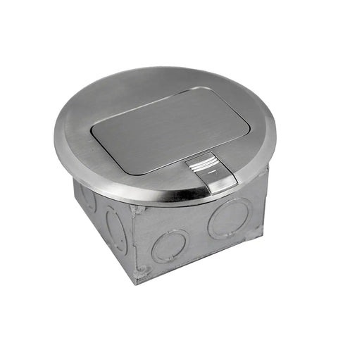 Round Pop Up Floor Box Kit With 6 Inch Diameter Cover And 20 Amp Tamper Weather Resistant Receptacle Outlet Perfect For DIYers And Pros On Hardwood Floors Tile Or Stone With Watertight Gasket Nickel Plated Brass Model 961501 S displayed closed and flush