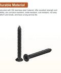 Close-up of 304 stainless steel black flat head wood screws, 1-inch self tapping fasteners for DIY projects.