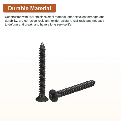 Close-up of 304 stainless steel black flat head wood screws, 1-inch self tapping fasteners for DIY projects.