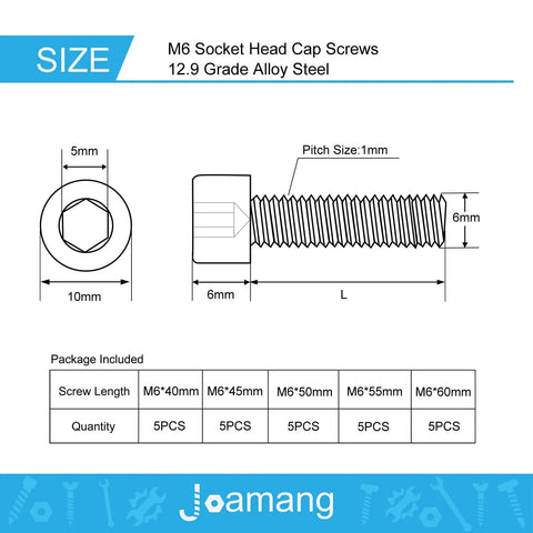 Technical diagram of Hex Socket Head Cap Screws Set M6 Bolts 25 Pcs, 12.9 Grade Alloy Steel With Black Oxide Finish, Fully Threaded.