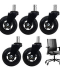 5 Pack Quiet Office Chair Casters That Roll Like Butter Smooth Silent Swivel Wheels For Gaming And Desk Chairs Polyurethane Build Fits Standard 2 Inch Stem Quick Install displayed in a group with a chair.