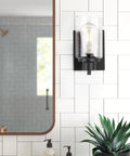 2-Pack Dope Modern Bath Vanity Light Fixtures With Seeded Glass Sconces, black wall light next to mirror in bathroom