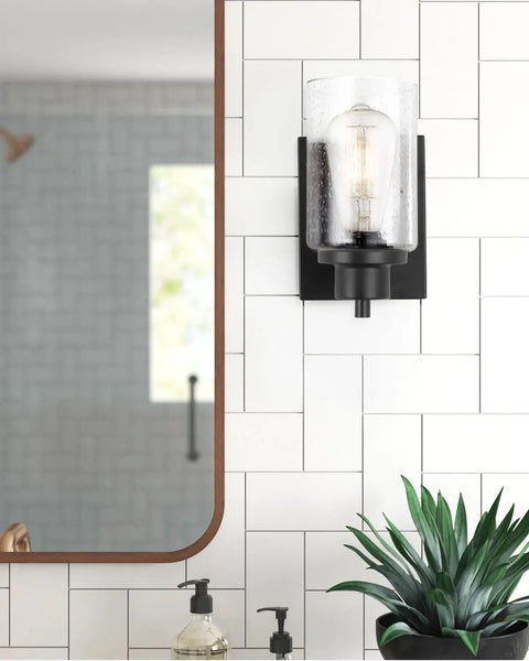 2-Pack Dope Modern Bath Vanity Light Fixtures With Seeded Glass Sconces, black wall light next to mirror in bathroom