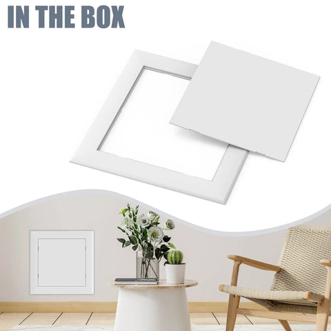 Heavy Duty Self Adhesive Access Panel 8X8 Drywall Hole Cover with frame and panel displayed in home setting.