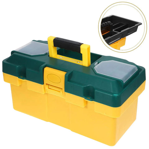 Heavy Duty Plastic Handheld Toolbox With Rugged Ergonomic Handle For Storing Hardware And Gear, bright yellow and green design, secure latch.