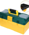 Grab And Go Plastic Toolbox Featuring Nifty Small Parts Compartments For Weekend Warriors And Road Trips. Compact yellow and green organizer.