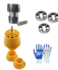 PVC Pipe Threader Kit With Three Die Sizes For Flexible Plumbing Projects, Electric Drill Compatible Threading Tool Set For Quick Install, Stable, Efficient, And Pro Grade For Pros And DIY. Steel dies and yellow PVC threading heads shown.