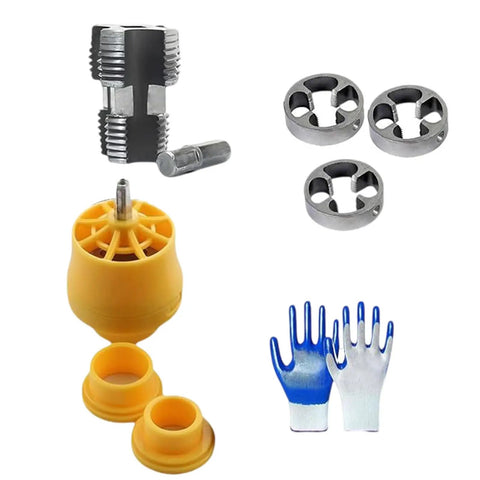 PVC Pipe Threader Kit With Three Die Sizes For Flexible Plumbing Projects, Electric Drill Compatible Threading Tool Set For Quick Install, Stable, Efficient, And Pro Grade For Pros And DIY. Steel dies and yellow PVC threading heads shown.