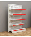 Heavy Duty Premium Industrial Steel Shelving Rack With Adjustable Levels For Garage Workshop Or Home Organization Rust Proof White Frame, five tier with red accents.