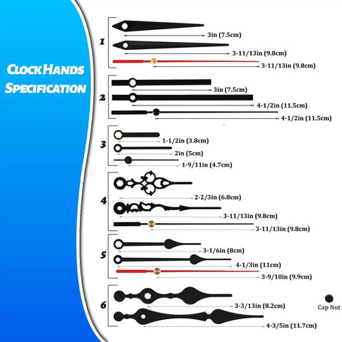 Six clock hand styles with measurements for Two Pack Non Ticking Clock Movements With Six Styles Clock Hands Of Different Sizes