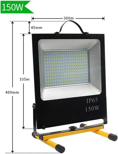 JUDYSSY Led Flood Light Emergency Portable Searchlight Mobile Portable Chargin, White Light,150w side view showing dimensions and details.