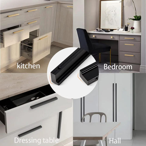 Black Tilted Aluminum Cabinet Handles 12 Pack 5 Inch 128mm Hole Centers Finger Pulls for Kitchen and Bathroom Cabinets in rooms