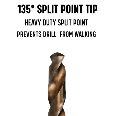 Close-up of a 135° split point tip on the 29 Piece M42 Cobalt Screw Machine Drill Bit Set Stub Tip 1/16 To 1/2 Inch Range With 64ths For Stainless Steel And Hard Metals Built For Tough Jobs In The Shop Or On The Jobsite ASTCO Series.