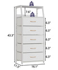 Five Drawer White Dresser With Wood Top And Steel Frame, Vertical Fabric Storage Tower dimensions displayed