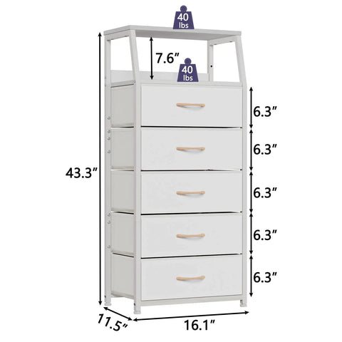 Five Drawer White Dresser With Wood Top And Steel Frame, Vertical Fabric Storage Tower dimensions displayed