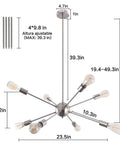 Diagram showing dimensions of 23.6 Inch Sputnik Chandelier With Brushed Nickel 8 Light Ceiling Fixture Adjustable Height