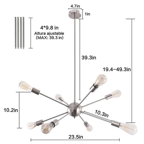 Diagram showing dimensions of 23.6 Inch Sputnik Chandelier With Brushed Nickel 8 Light Ceiling Fixture Adjustable Height