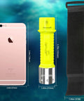 Rechargeable Underwater Dive Light With 3 Modes Beastly Bright High Lumens LED Torch For Scuba Snorkeling And Night Dives IPX8 Waterproof Shockproof Durable Flashlight 2 Pack shown with dimensions next to a smartphone and strap.