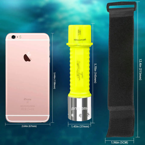 Rechargeable Underwater Dive Light With 3 Modes Beastly Bright High Lumens LED Torch For Scuba Snorkeling And Night Dives IPX8 Waterproof Shockproof Durable Flashlight 2 Pack shown with dimensions next to a smartphone and strap.