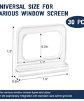 Total Win Window Screen Pull Tabs 30 Pack Universal Replacement Handles showing dimensions on frosted clear plastic for easy use.