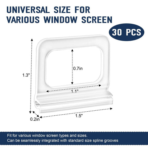Total Win Window Screen Pull Tabs 30 Pack Universal Replacement Handles showing dimensions on frosted clear plastic for easy use.