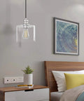 Bedroom setting with a single Three Pack Vintage Hanging Pendant Light With Brushed Nickel Finish Handblown Clear Glass Classic Farmhouse Style