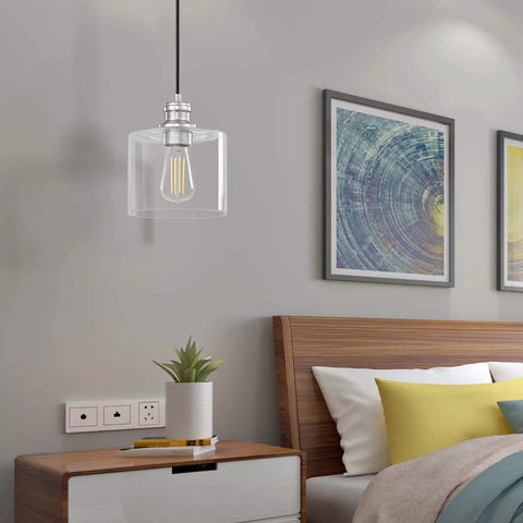 Bedroom setting with a single Three Pack Vintage Hanging Pendant Light With Brushed Nickel Finish Handblown Clear Glass Classic Farmhouse Style