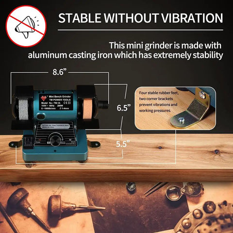 Mini Bench Grinder with Variable Speed for Polishing and Buffing Jewelry Making and Gem Work, durable cast aluminum base on table
