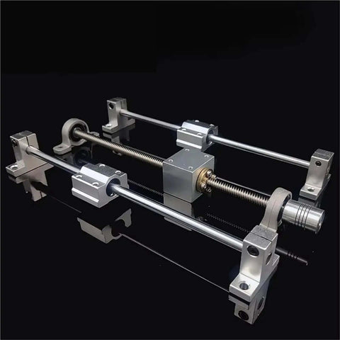 Awesome 8mm T8 Lead Screw Kit With KP08 Fixed And KFL08 Flange Bearings Perfect For DIY Printer Upgrades Ensuring Smooth Linear Motion And Rock Solid Alignment On Your Single Axis Setup, shown with rods and mounts