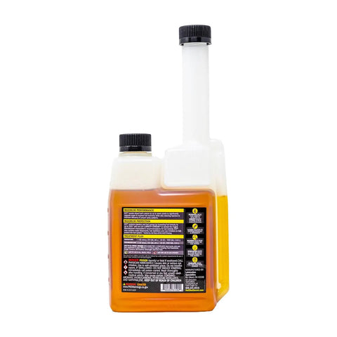 Back view of 16 oz Top Shelf Diesel Fuel Additive And Daily Tune Up Formula in a clear bottle with black cap.