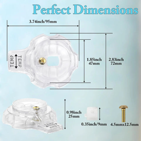 Shower Knob Replacement For MXT11 Tub Faucet Handle with dimensions, acrylic construction and easy temperature control, top view.