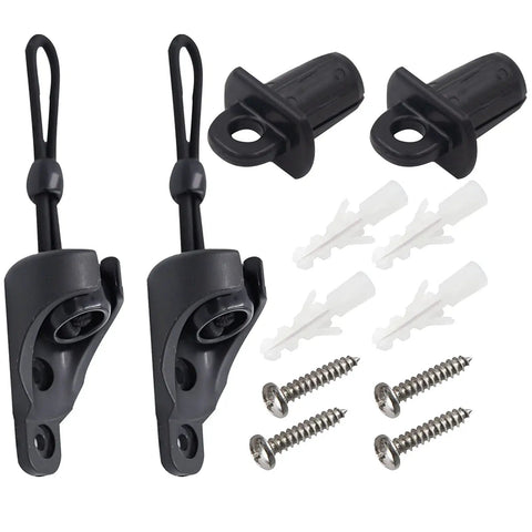 Heavy Duty Bungee Replacement Kit With Built Like A Tank End Caps For Coolaroo Roll Up Blinds And Outdoor Sun Shade All Season Canopy Hardware Tough As Nails For Patios And Decks Black Two Pack Set, featuring two black snap lock ends.