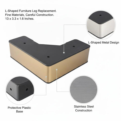 L Shaped Furniture Leg Replacement With Stainless Steel Support For Sofas Cabinets And Bed Frames Quick Install No Fuss Durable Leveling Leg For Repair Of Broken Or Missing Supports 13 By 3.3 By 1.6 Inches, gold finish with protective plastic base and stainless steel core