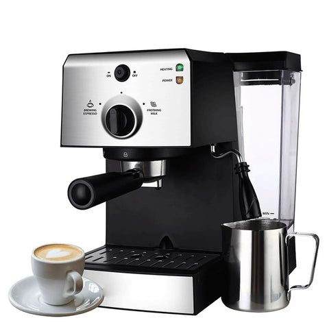 Pro Level Home Espresso Machine With Smooth Milk Frother Handle And Precision Pressure Dials For Effortless Daily Cappuccino And Bold Coffee Pulls on kitchen counter with coffee cup.