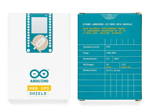 Packaging of GPS Shield for MKR Boards With U-Blox SAM-M8Q GNSS Module showing specs and connectivity details.