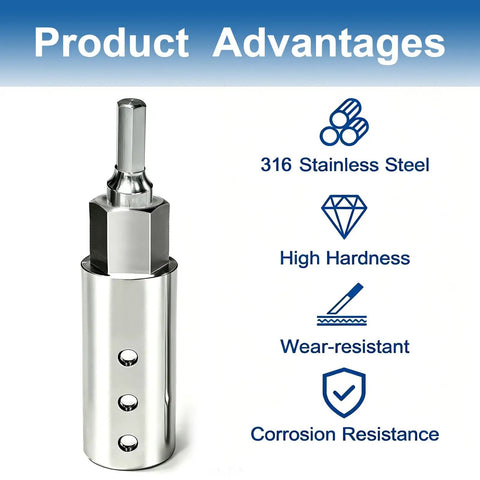 Heavy Duty Trailer Jack Drill Adapter For 1 Inch Shaft Rock Solid 316 Stainless Steel Build showing product advantages like corrosion resistance.
