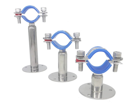 Three stainless steel adjustable pipe clamp brackets with blue circular clamps and mounting flanges for 1-inch pipe